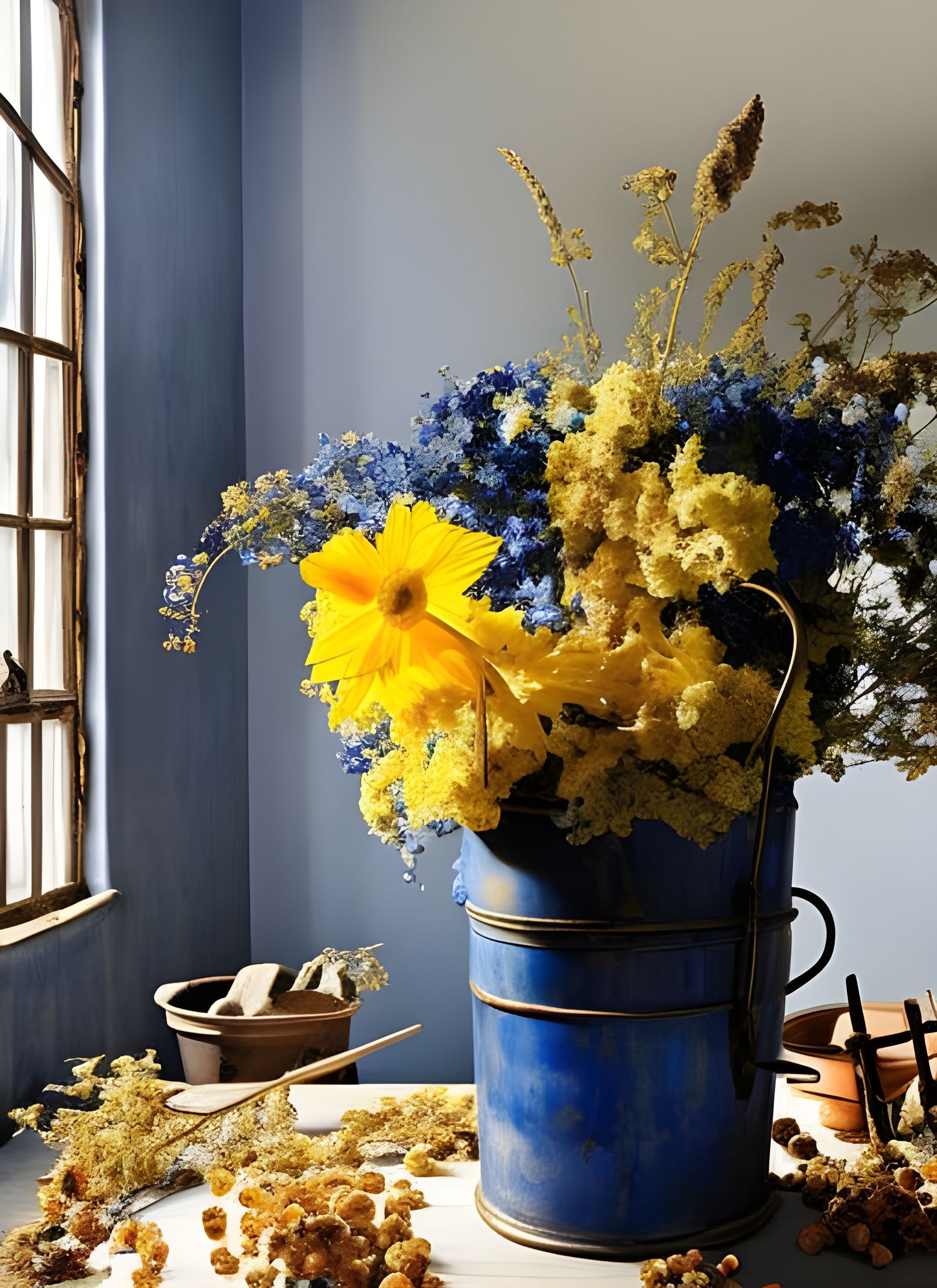 Hyperrealistic Flowers on Butcher Table, Vermeer Style