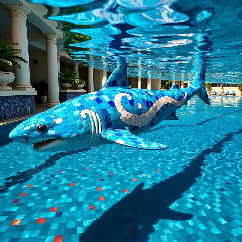 Ceramic Tile Shark Glides Through Pool