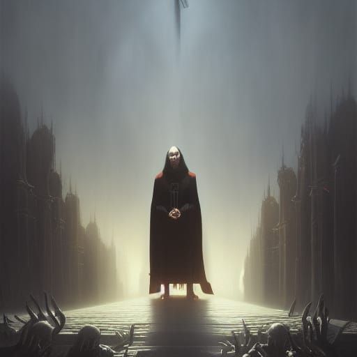 Sinister Evil Priest Conducting Black Mass in Surreal Style