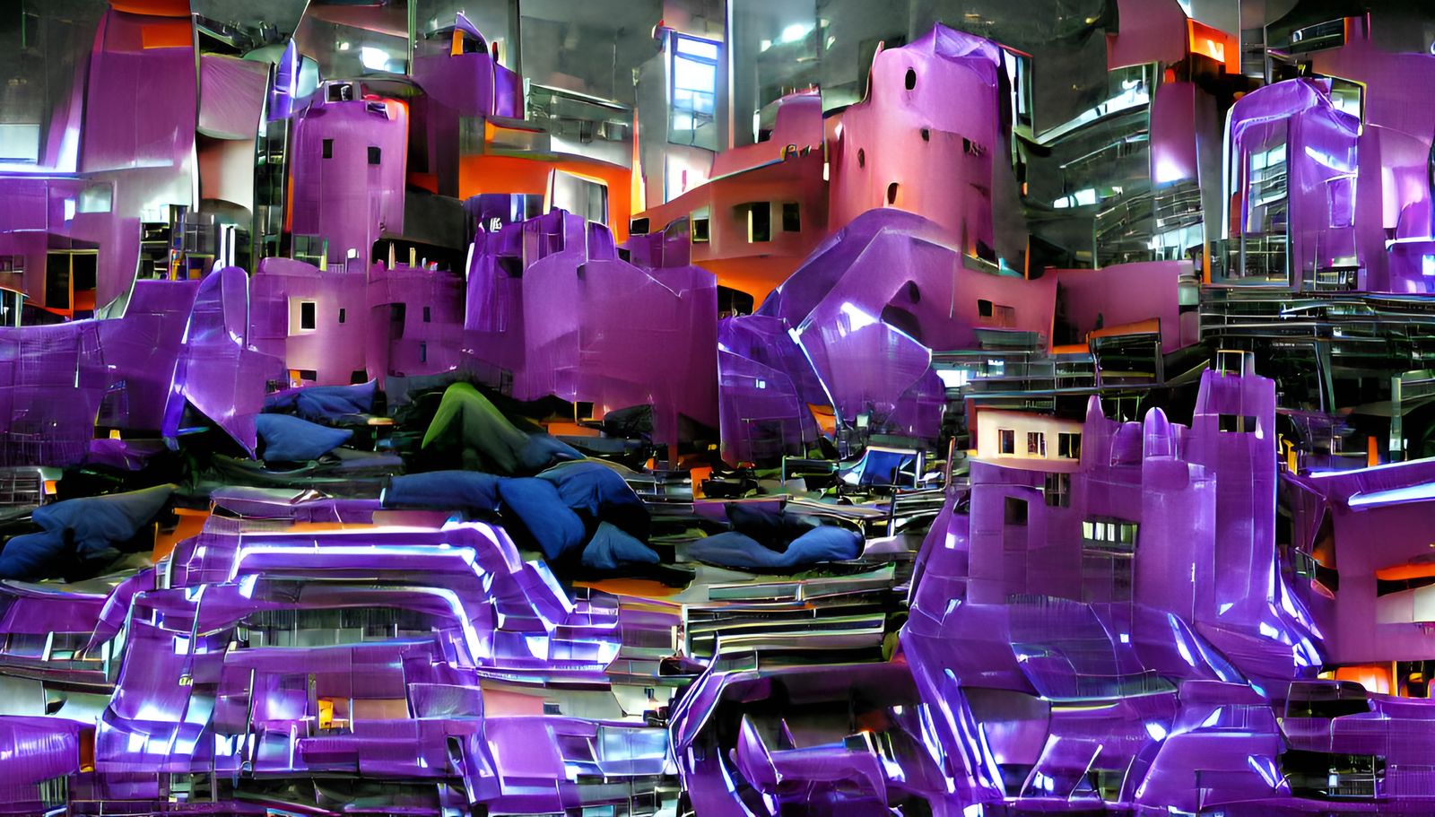 Sprawling purple technoir castle of glass and neon
