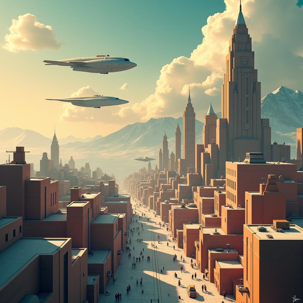 Suprematist Geometric Cityscape with Retro-Futuristic Spaces...