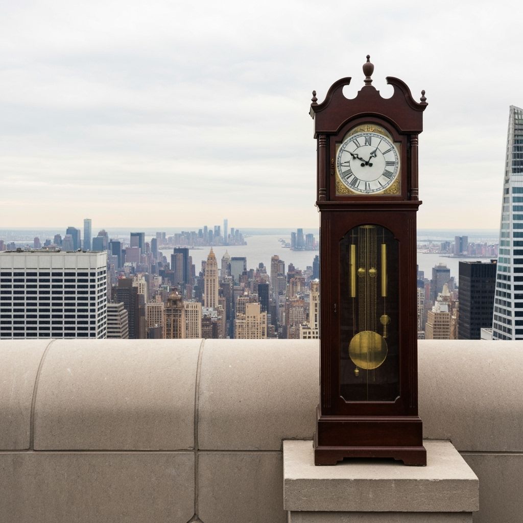 Grandfather Clock on Skyscraper Parapet Overlooking New York...