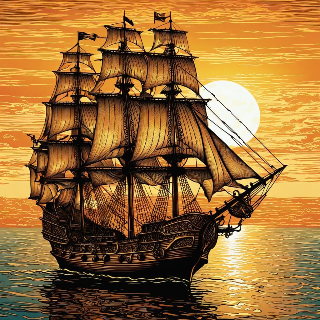Ornate Spanish Galleon Woodcut at Sunset