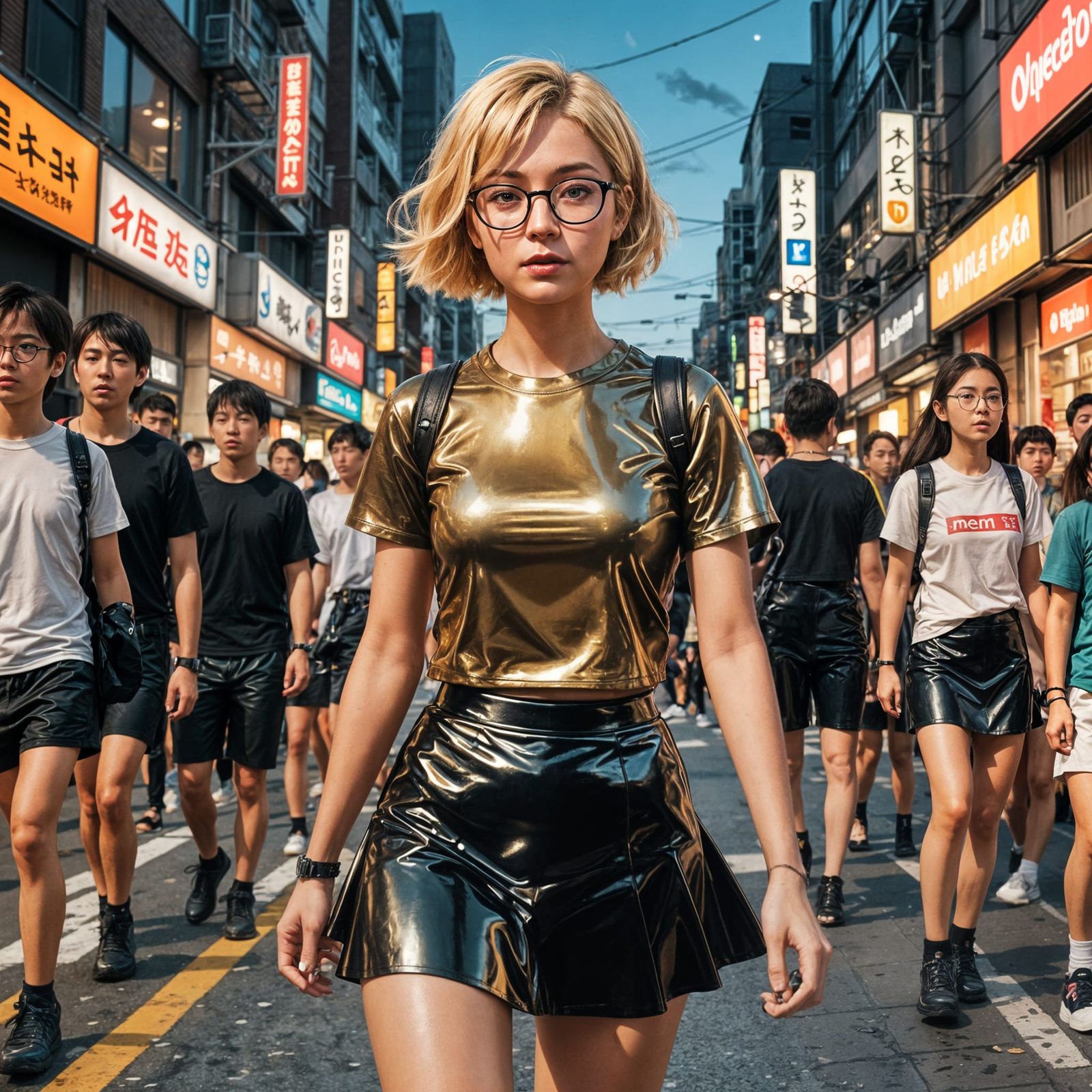 Anime-Inspired Woman in Bronze Latex on City Street