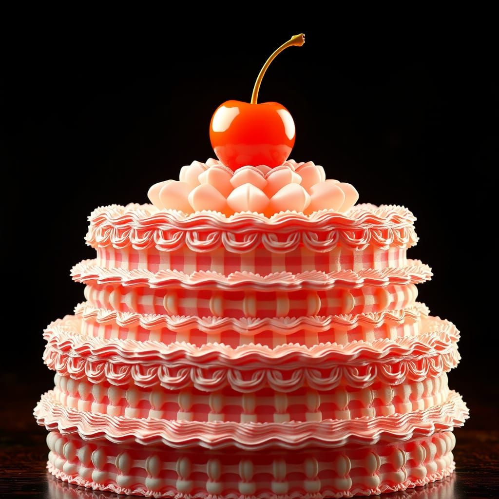 Dreamlike Gingham Cake in Folk Art Style