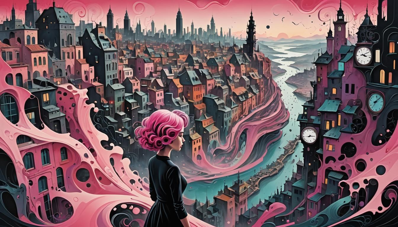 Dreamlike Cityscape with Girl, in Surreal Style