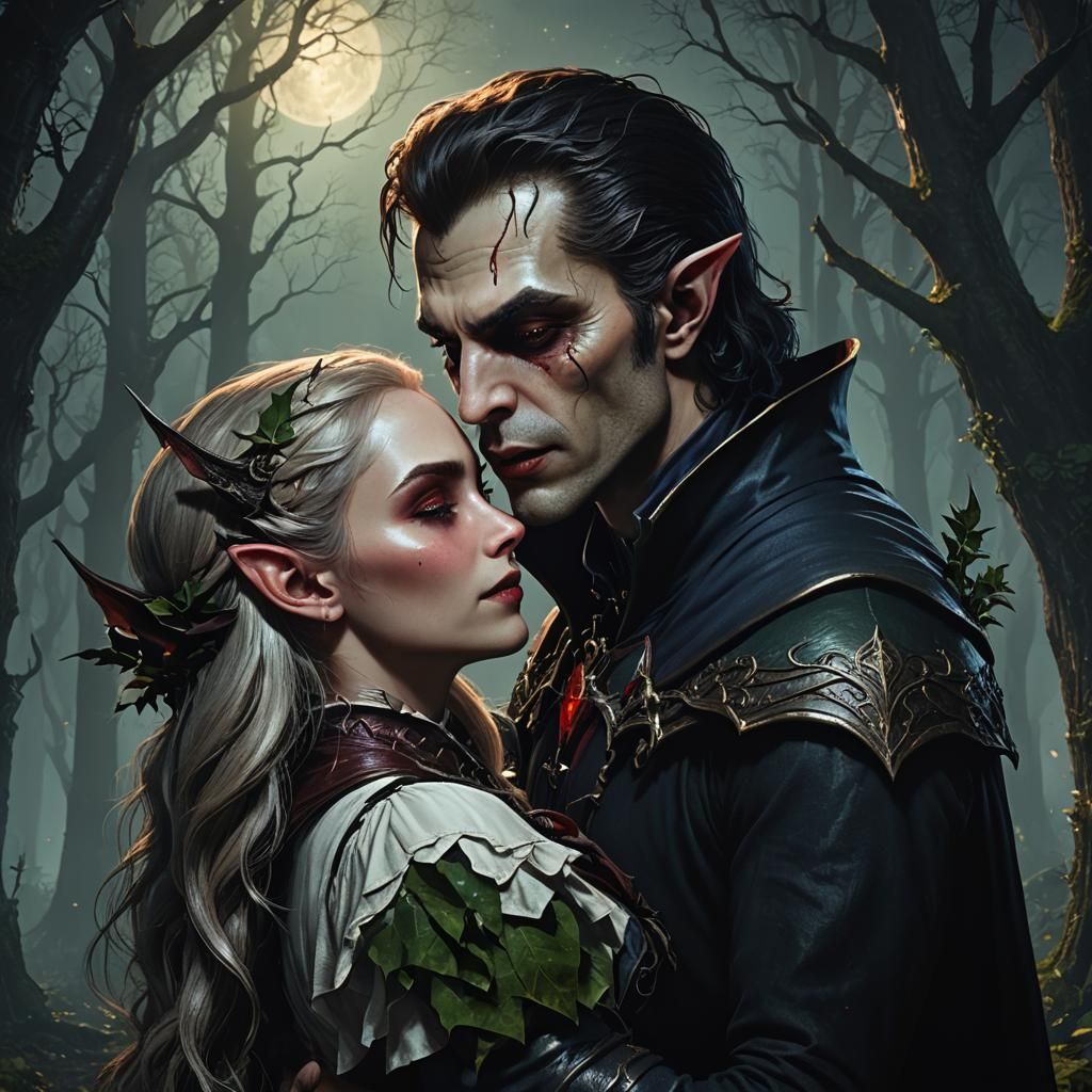 Vampire and Elf Embrace in Dark Forest