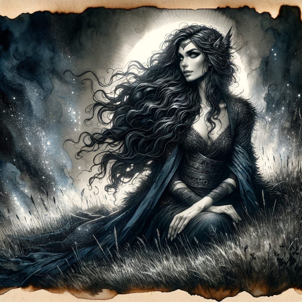 Norse Goddess in Moonlight, Ink and Watercolor