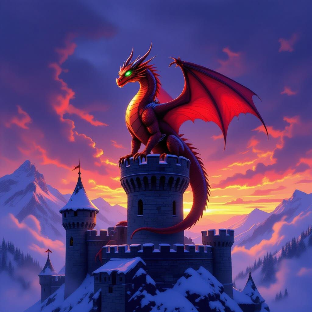 Majestic Red Dragon on Castle Tower at Dawn