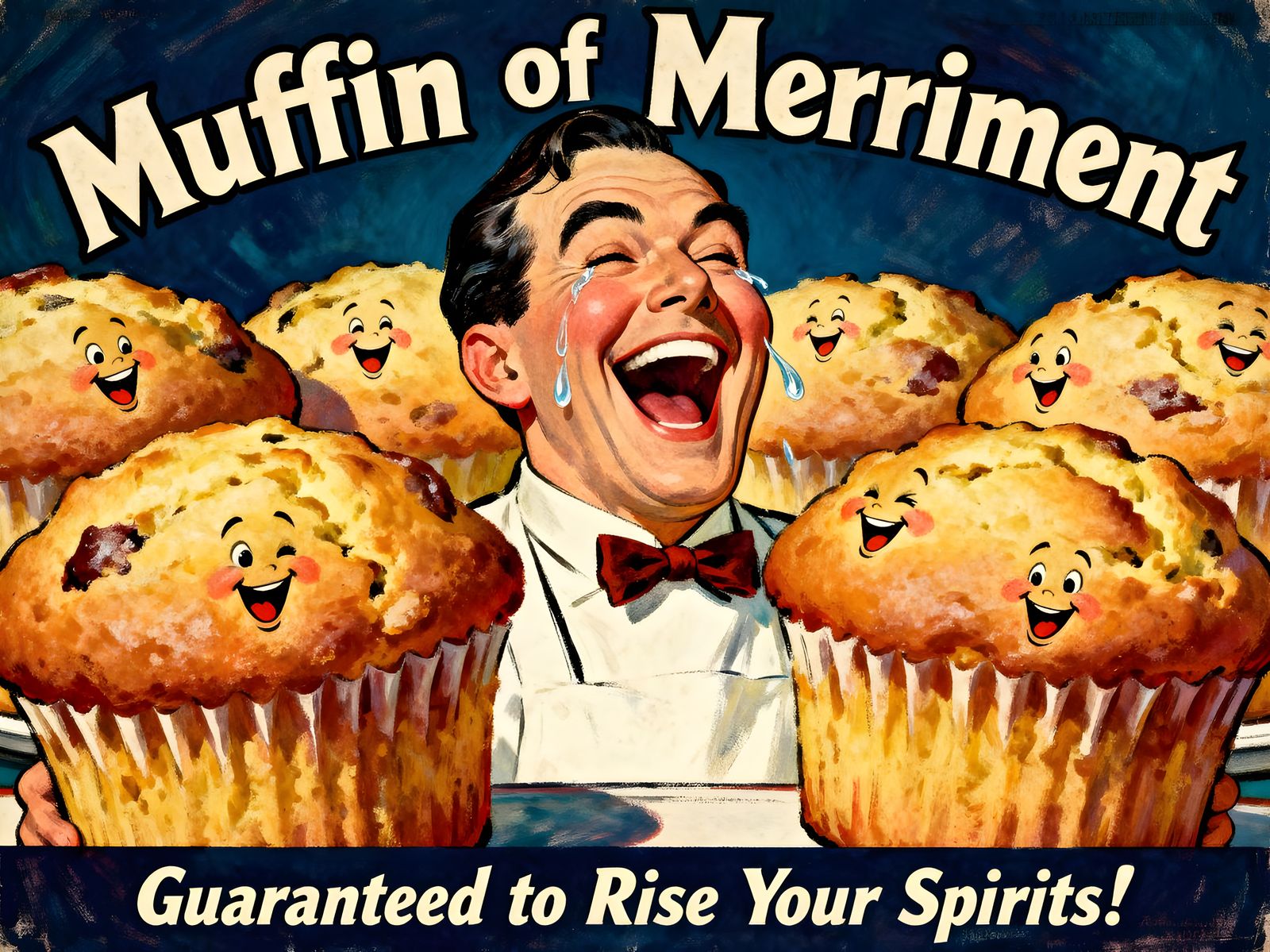 Vintage Bakery Poster: Laughing Baker with Giggle Muffins