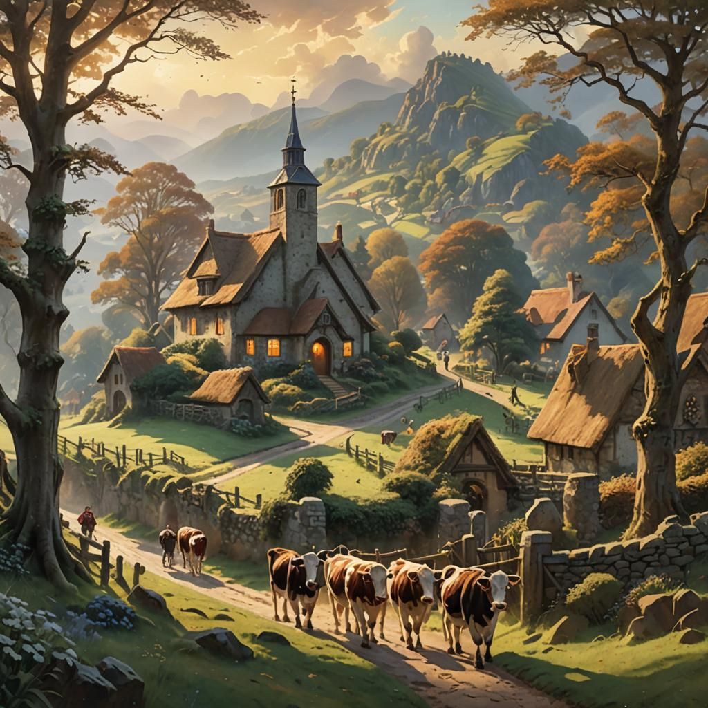 Hikers Journey to Village Church in Golden Light