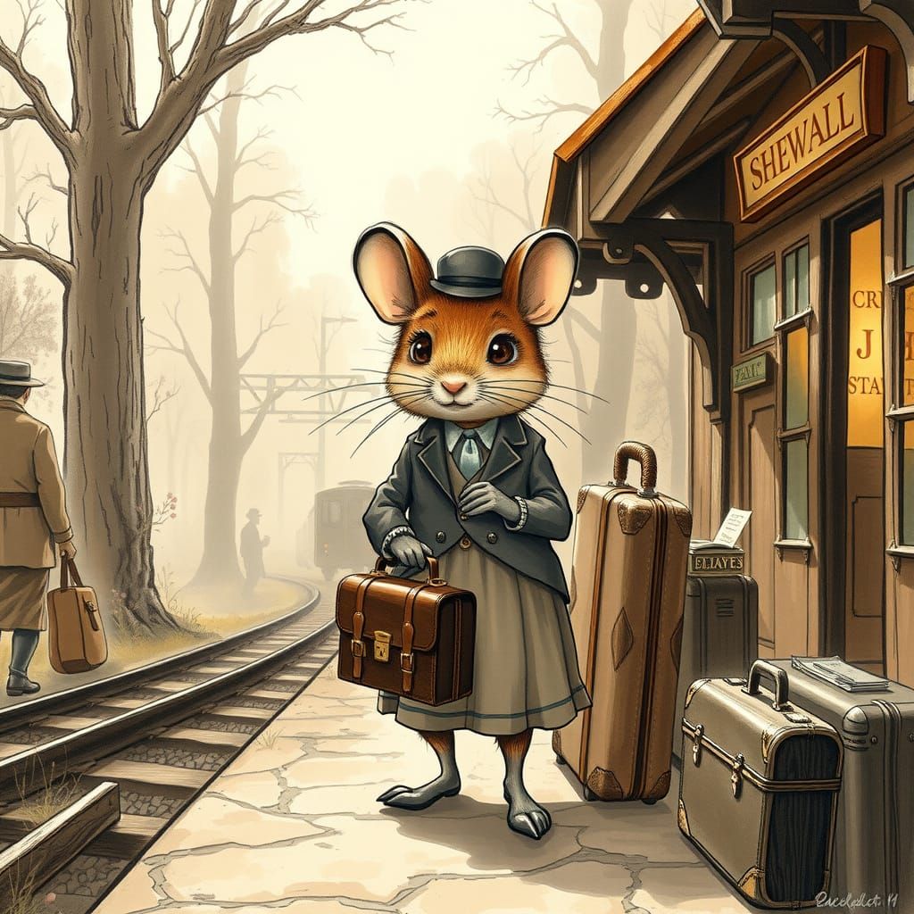 Mouse at Woodland Station in Vintage Illustration Style