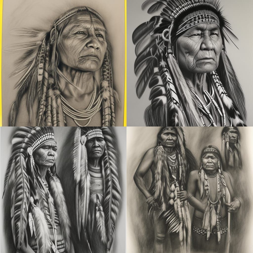 Hyperdetailed Charcoal Drawing of Two American Indians