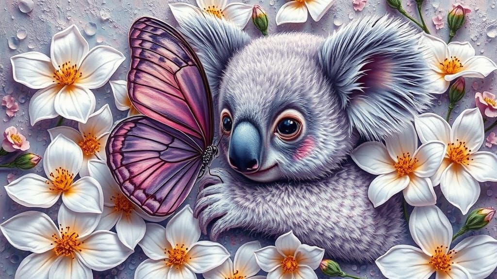 Koala with Butterfly Amidst Flowers, Impasto Textured