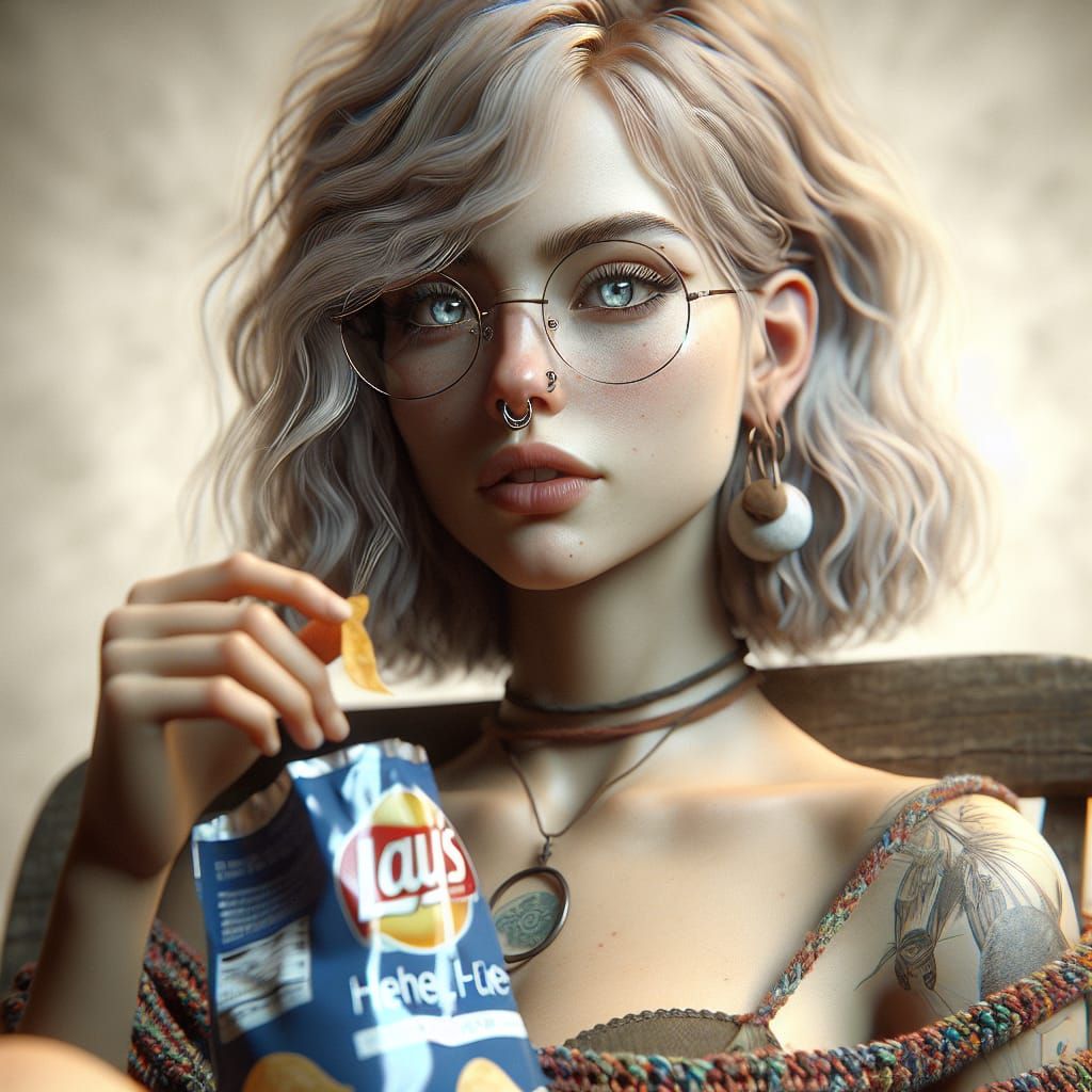 Young Woman in Yarn Clothes Eating Chips