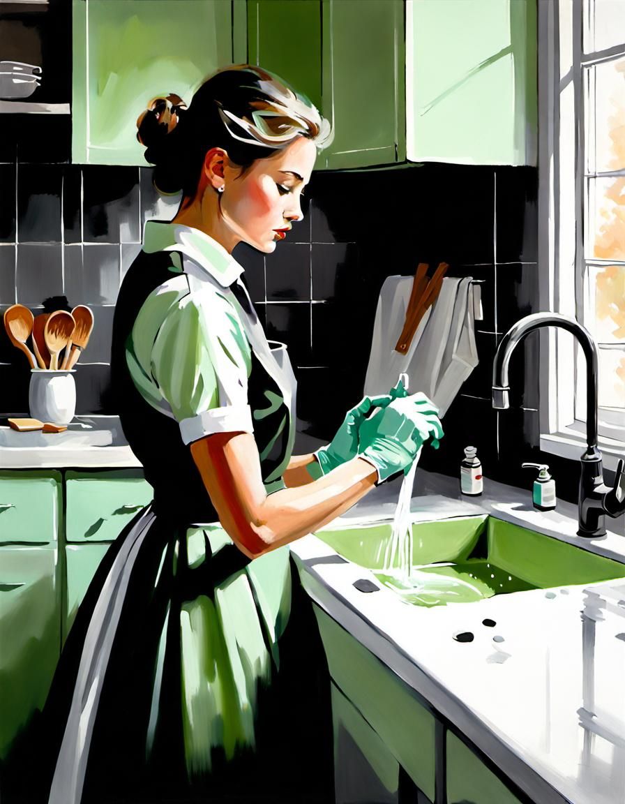 Woman Cleans Sink in Hypermodern Kitchen, Oil Painting