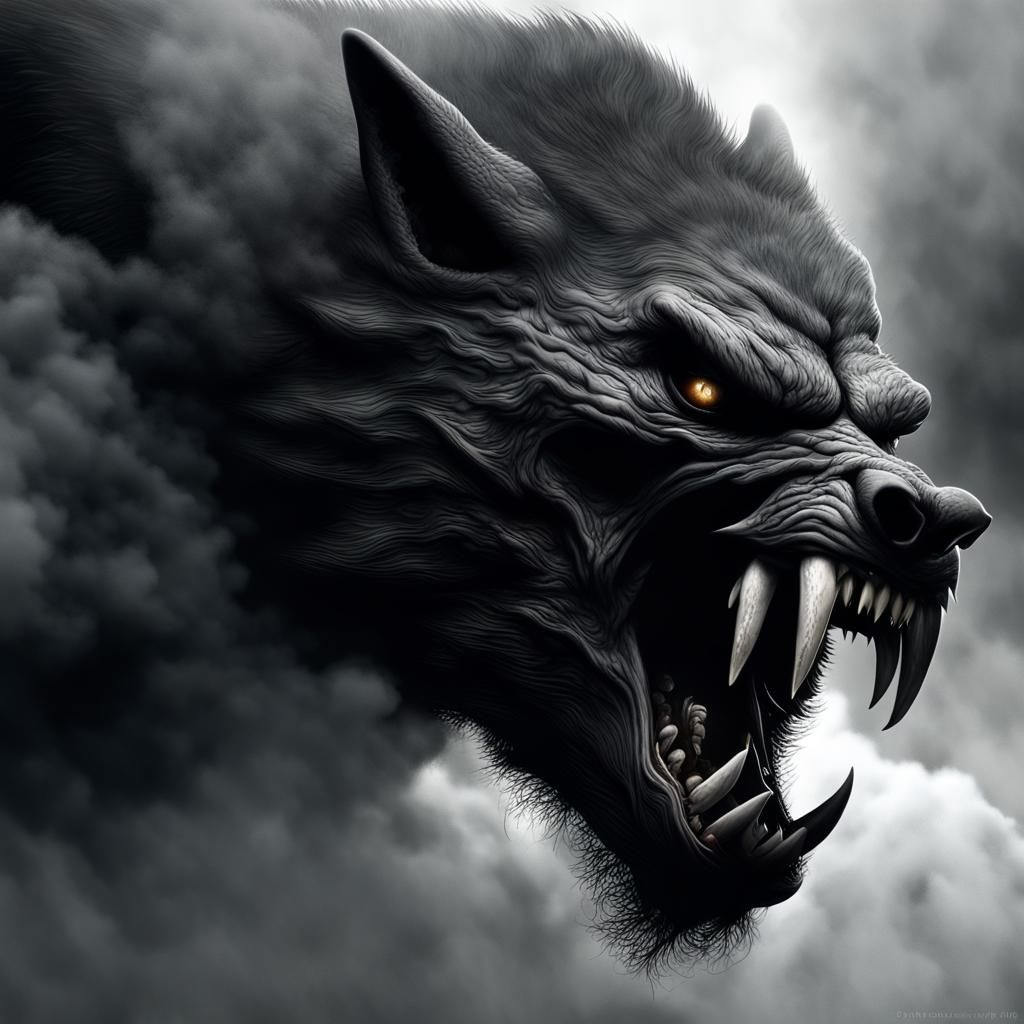 Obsidian Werewolf Maw Emerges from Smoky Darkness