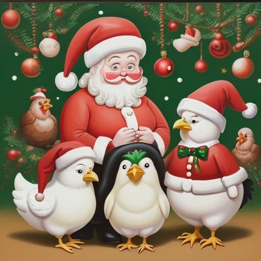 Festive Chickens Celebrate Christmas: A Botero-esque Scene