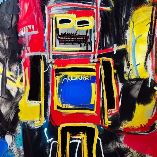 Robot and Human Figures Intertwined in Basquiat Style