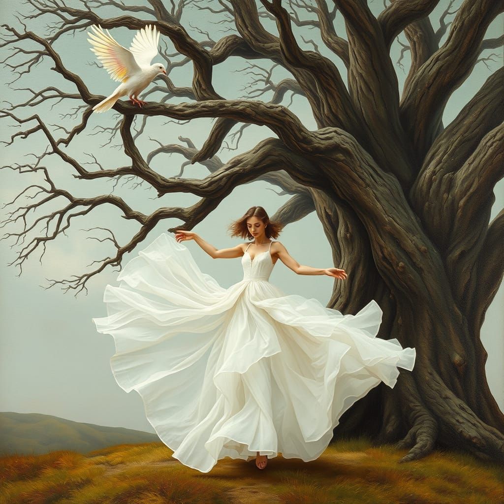 Ethereal Dream Scene with Glowing Dove and Dancer