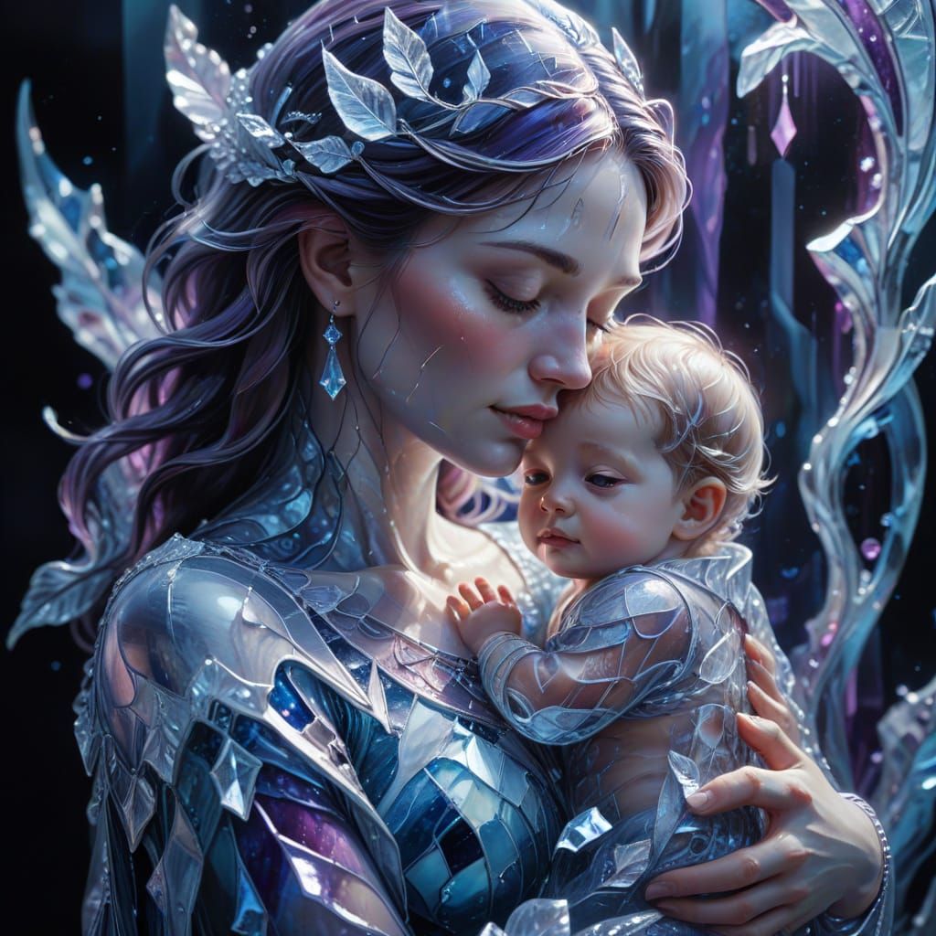 Ice Mother and Child Oil Painting with Stained Glass Detail
