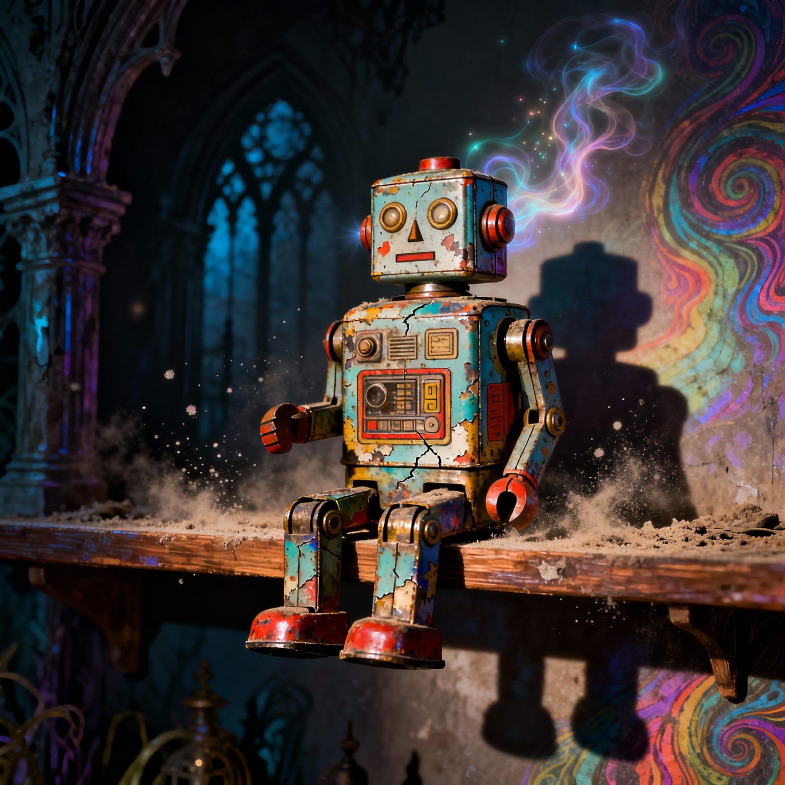 Tarnished Tin Robot on Dusty Shelf