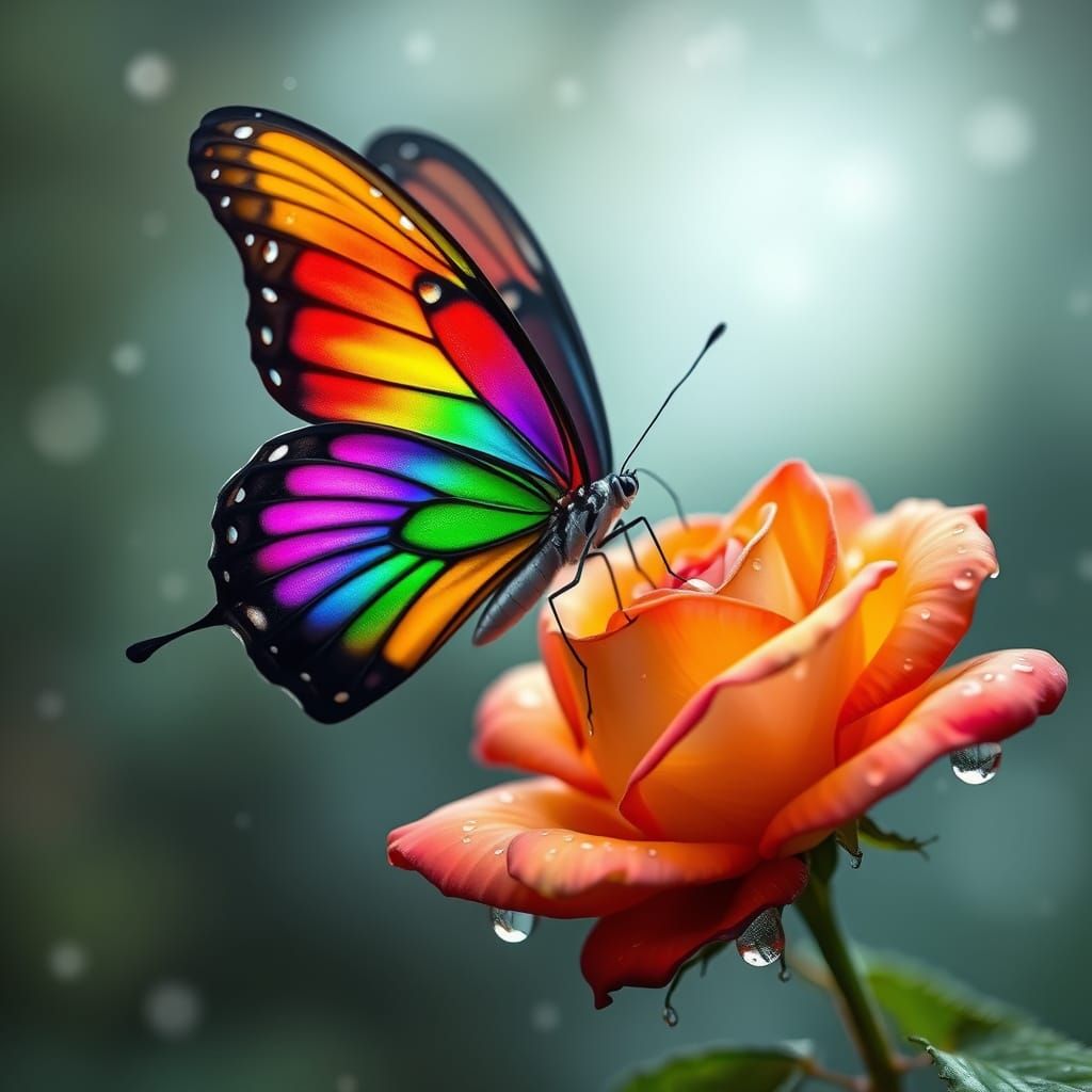 Rainbow Butterfly on Rosebud with Raindrops