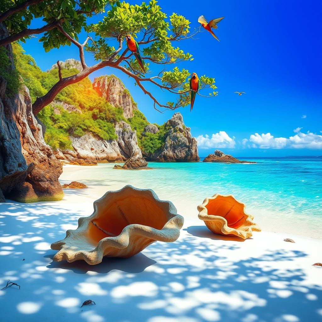 Serene Tropical Paradise Island with Lagoon and Rocky Shorel...