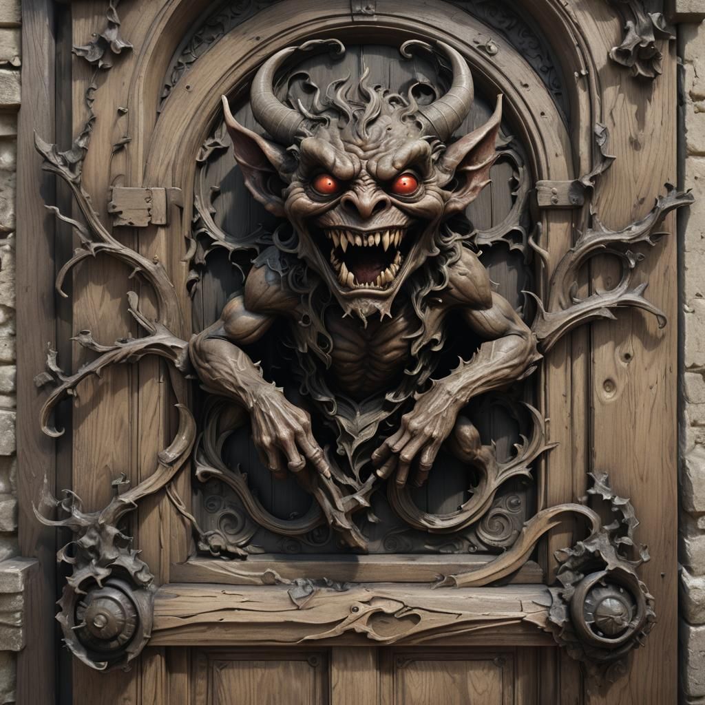 Imp Demon on Victorian Door in Hyperrealistic 3D