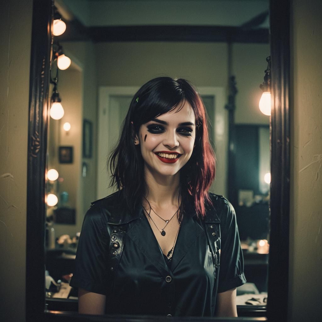 Vampiric Emo Woman's Cinematic Smile in Mirror