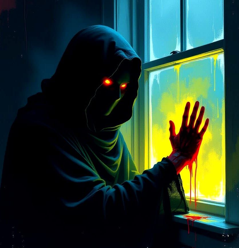 Eerie Figure with Red Eyes at Window