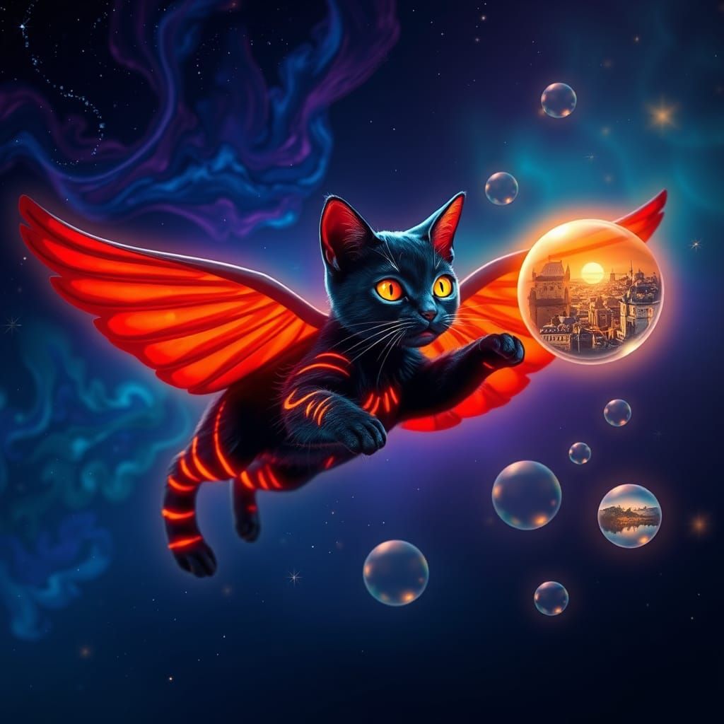 Fluorescent Feline Flight Through Polychromatic Sky
