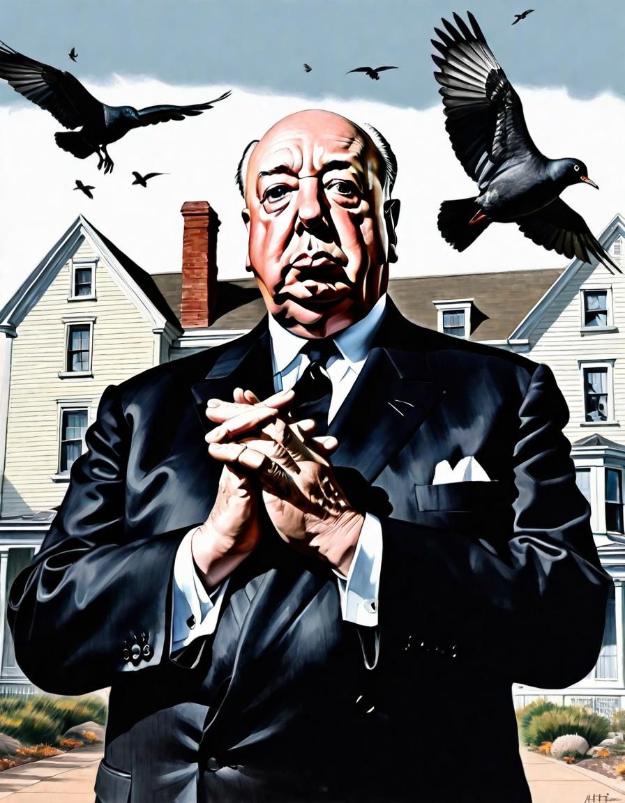 Alfred Hitchcock Portrait with Bates House