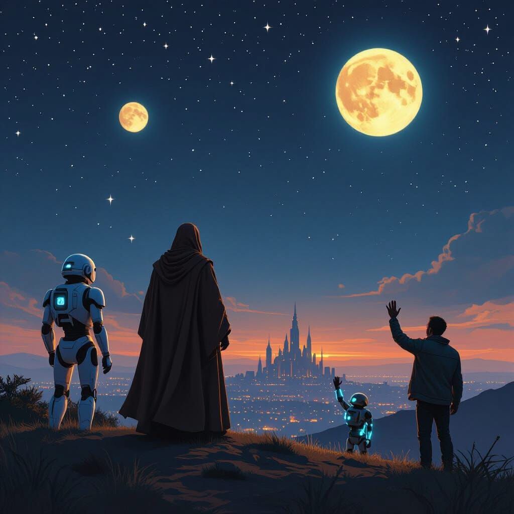 Harmonious Cityscape with Jedi, Droids, and Twin Moons