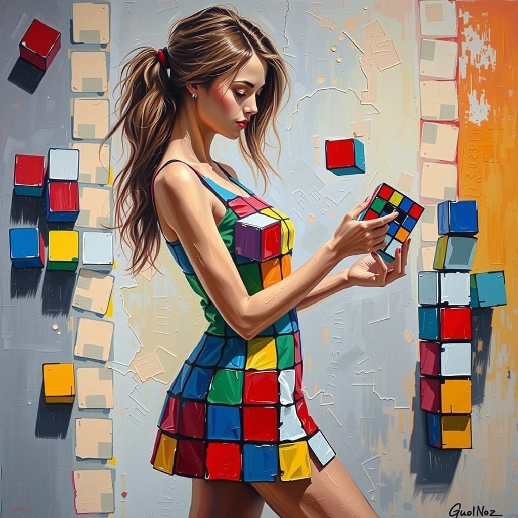 Woman in Dreamy Landscape, Solving Rubik's Cube in a Whimsic...
