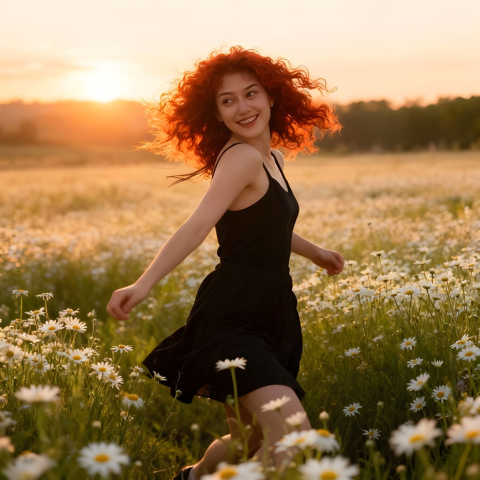 Red-Haired Woman Joyfully Running Through Chamomile Field at...