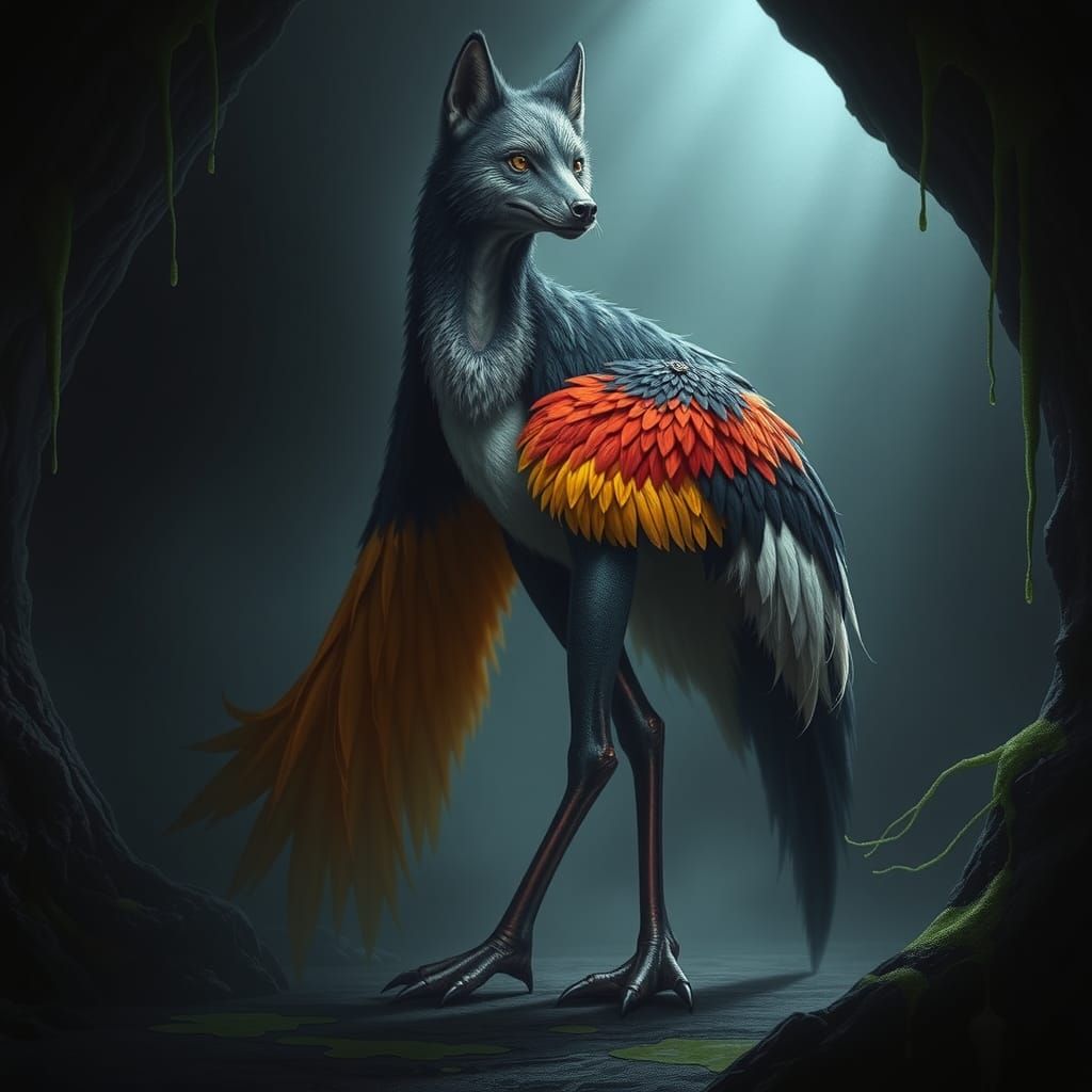 Wolf-Headed Humanoid Ostrich in Eerie Cavern