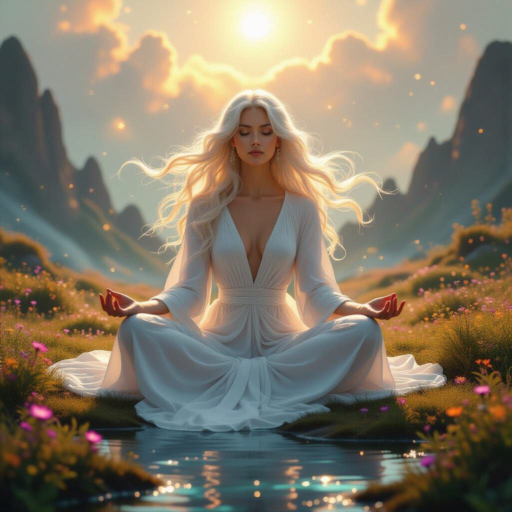 Ethereal Woman Meditating Above Alien Landscape