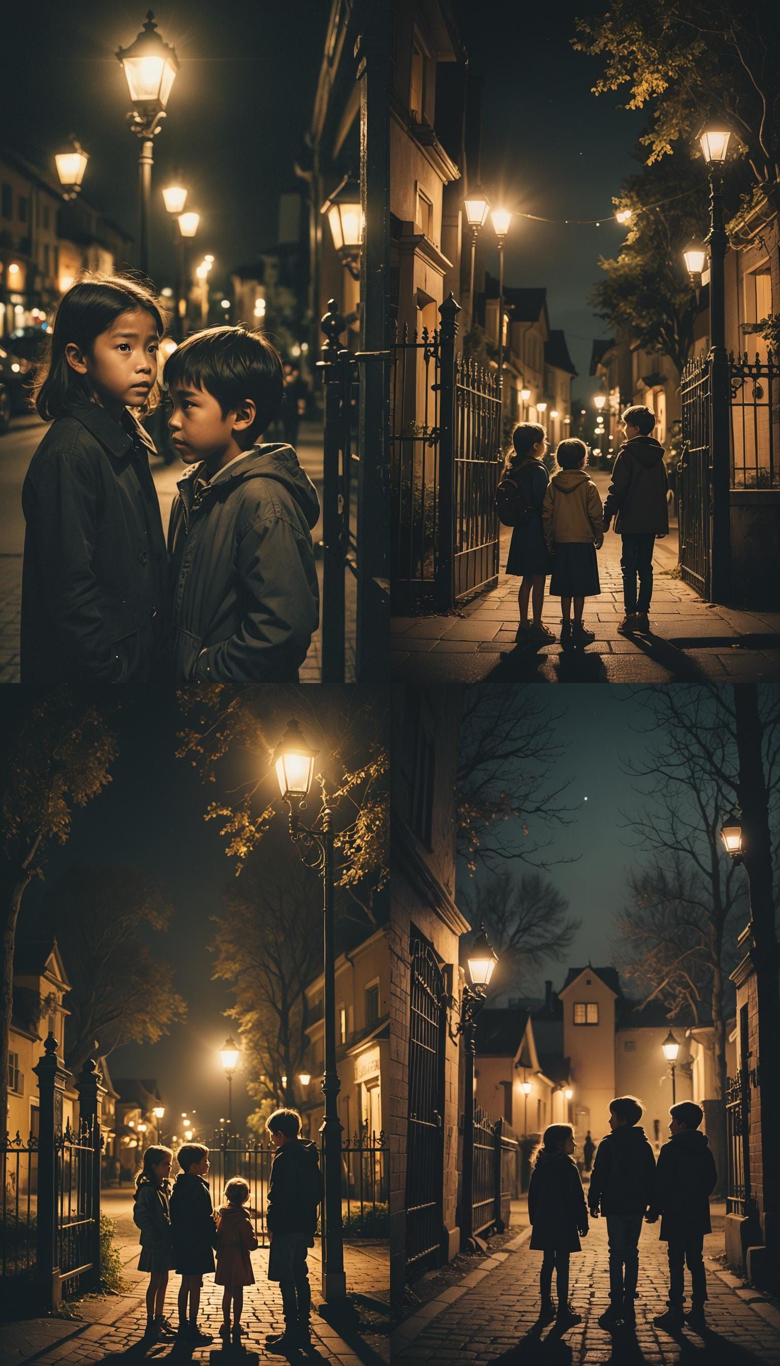 Cinematic Night Scene: Children Talking by Gate