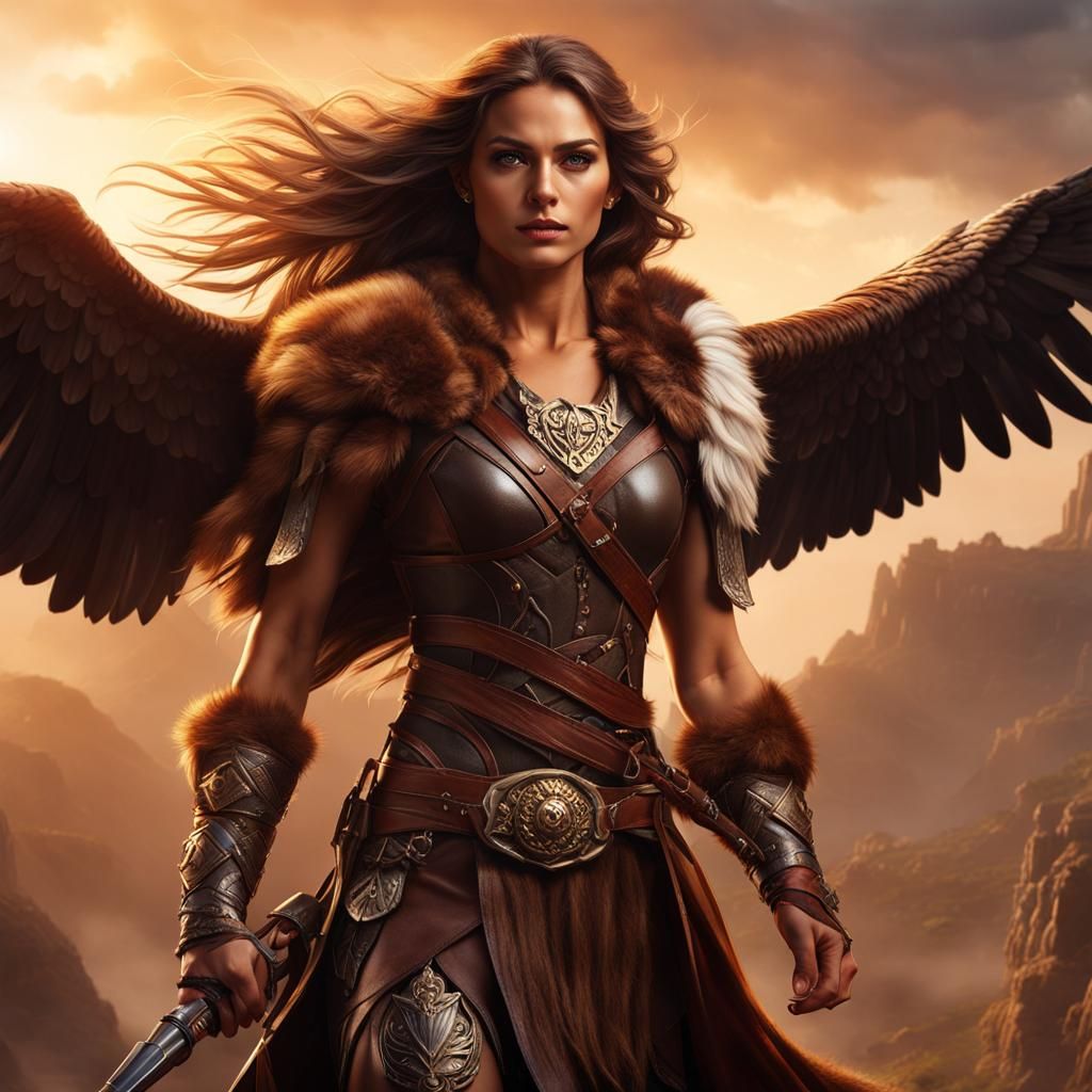 Barbarian Falconer Goddess with Falcon at Daybreak