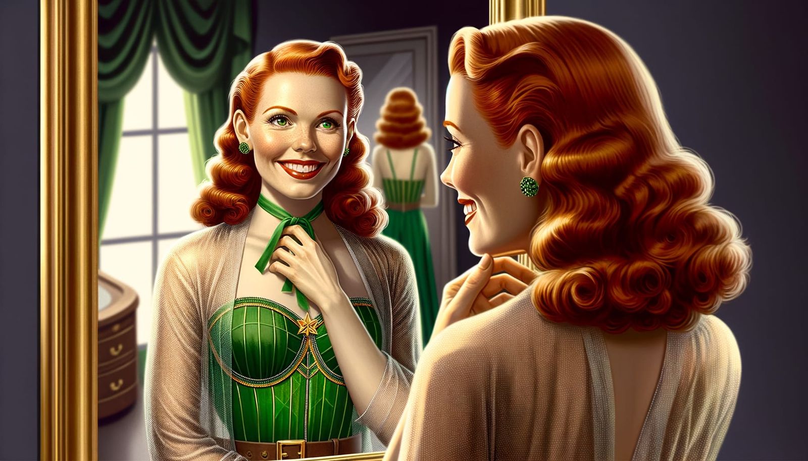 A 30 year old woman with red hair standing in front of a mirror