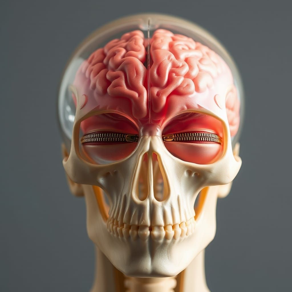 A human head is depicted with a partially transparent brain ...