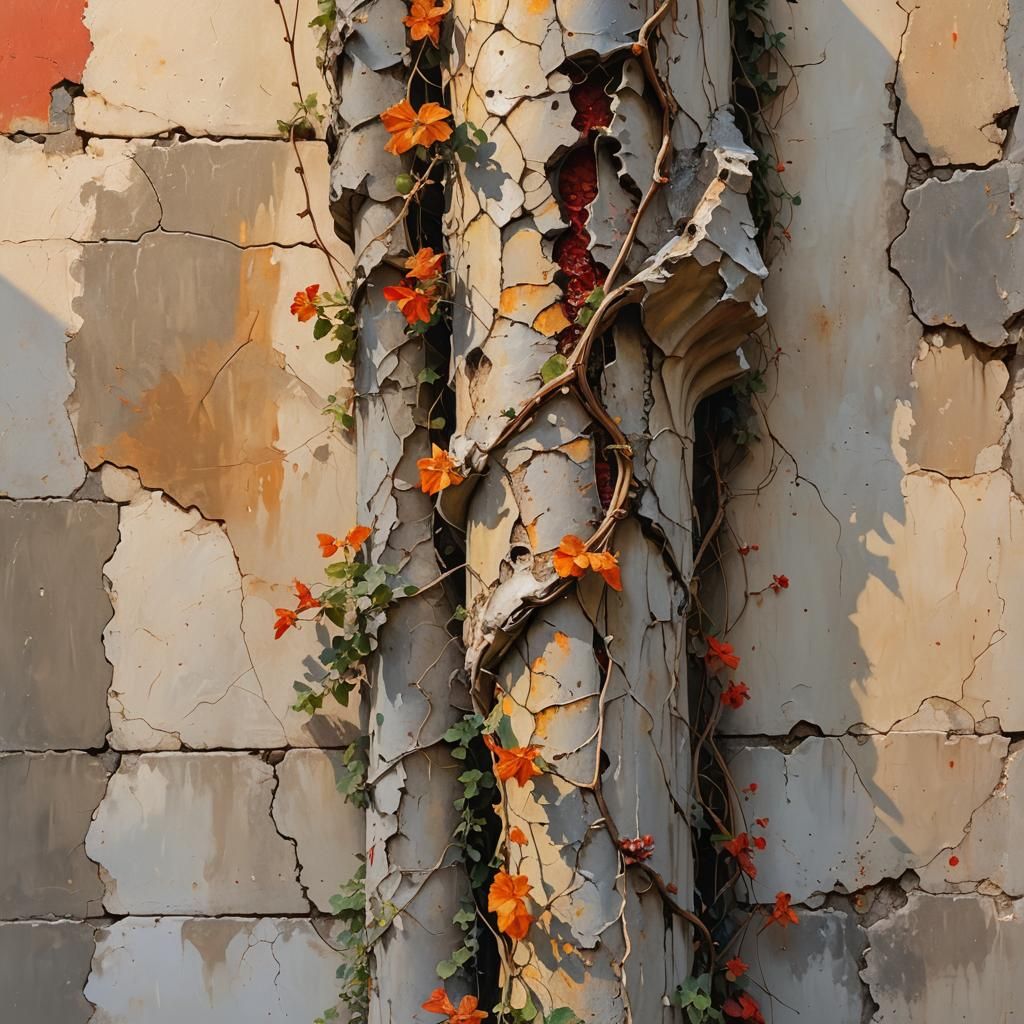 Cement Column with Vines at Golden Hour as Oil Painting