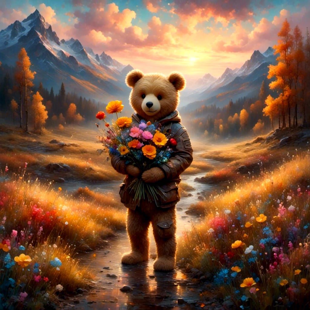 Teddy Bear with Bouquet: Watercolor Illustration