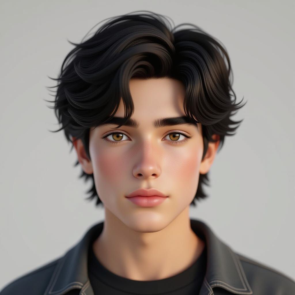 Handsome Teenager with Smooth Black Hair, Photorealistic Sty...