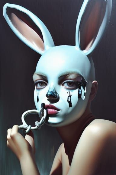 Girl in Bunny Mask: Tonalist Oil Painting