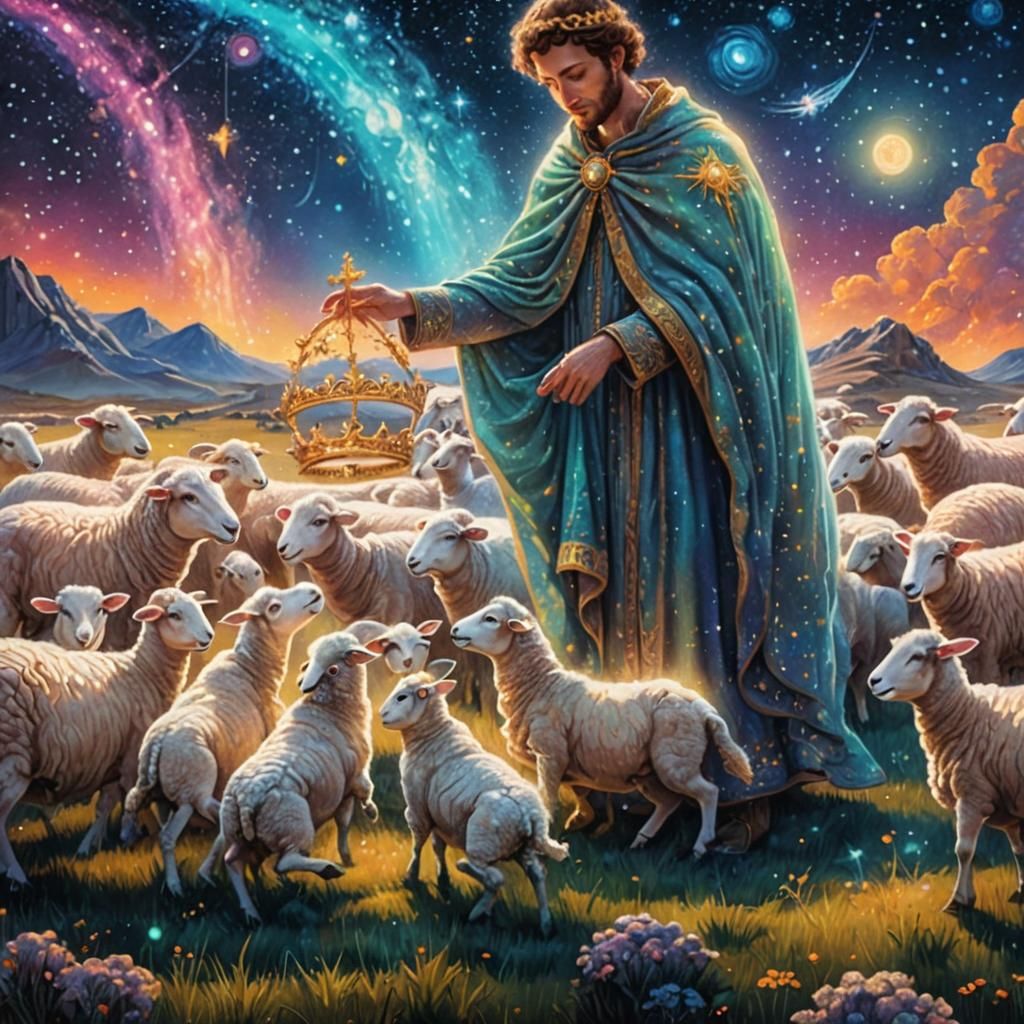 Man Passing Tiara to Sheep Under Starry Sky