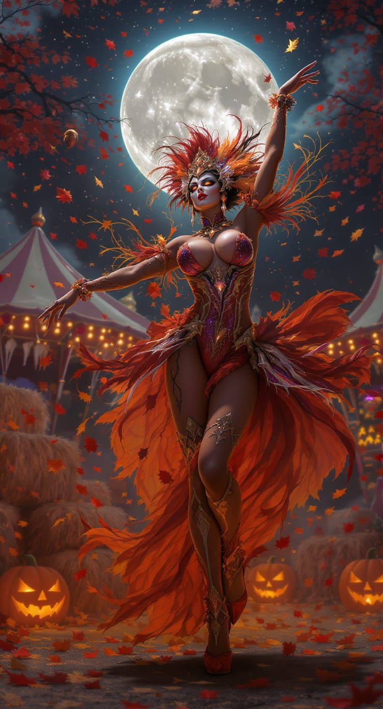 Carnival Showgirl's Fiery Autumn Dance Under Harvest Moon