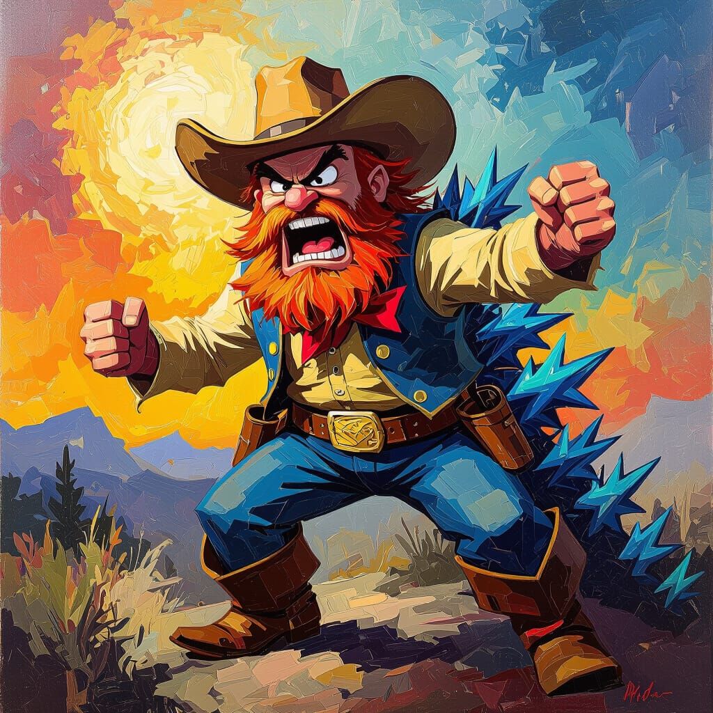 Yosemite Sam as Godzilla in Post-Impressionist Style