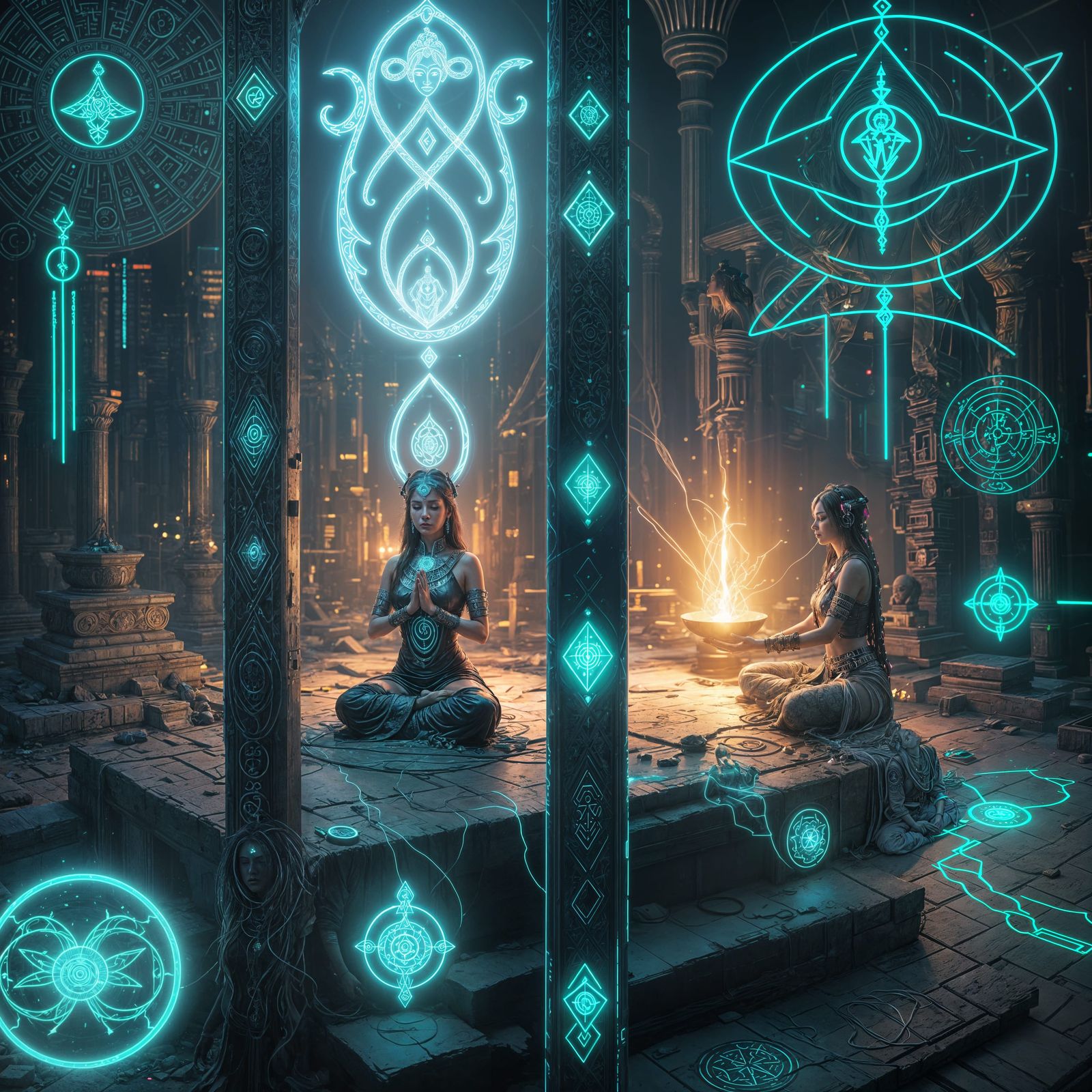 High Priestess Meditating in Cyberpunk Digital Art